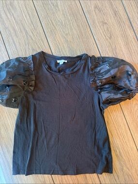 Crewcuts Black Tee with Sheer Puff Sequin Sleeves